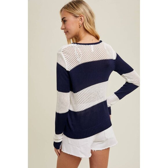 NWT WISHLIST Navy/Off White Beachy Embroidered Striped Sheer Top Top Size Medium - Picture 3 of 3